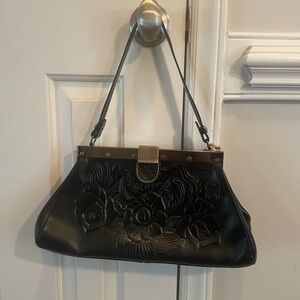 VTG PATRICIA NASH Black Rose Tooled Leather Ferrara Framed Purse Satchel NWT 14